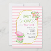 金ゴールドポリゴン、ピンクティーパーティーフローラベビーブシャワー 招待状 (正面)