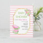 金ゴールドポリゴン、ピンクティーパーティーフローラベビーブシャワー 招待状 (スタンド正面)