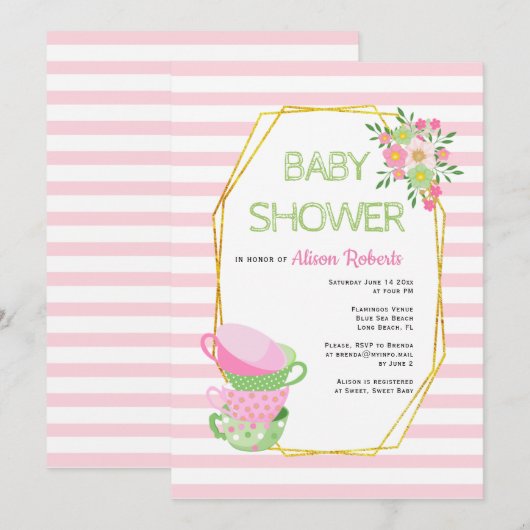 金ゴールドポリゴン、ピンクティーパーティーフローラベビーブシャワー 招待状 (正面/裏面)