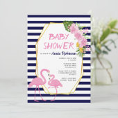 金ゴールドポリゴン、フラミンゴスネイビーブルーベビーシャワー 招待状 (スタンド正面)