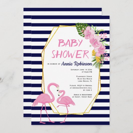 金ゴールドポリゴン、フラミンゴスネイビーブルーベビーシャワー 招待状 (正面/裏面)
