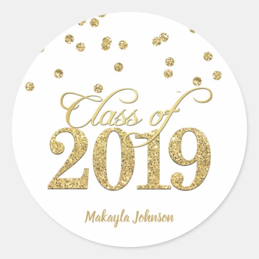 金ゴールドポルカドットグリッター2019年卒業 ラウンドシール (正面)