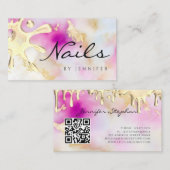 金ゴールドポーランドスプラッシュドリップ爪、 ネイルQRコードウォーター色 名刺 (正面/裏面)