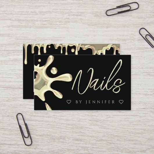 金ゴールドポーランドスプラッシュドリップ爪、 ネイルQRコードブラック 名刺 (正面/裏面インサイチュ)