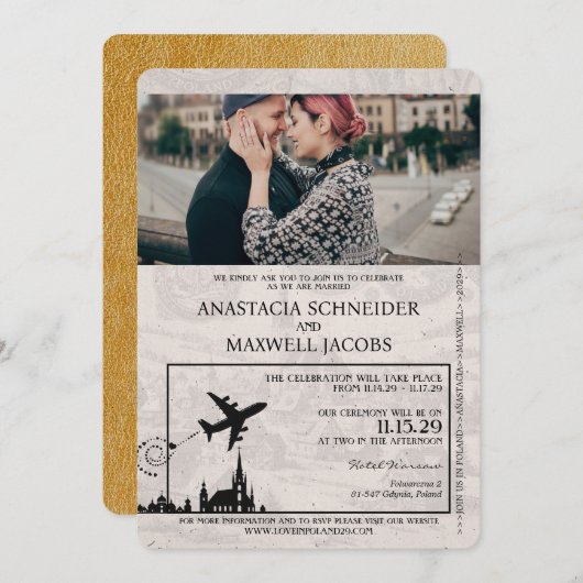 金ゴールドポーランドパスポート結婚式招待状 招待状 (正面/裏面)