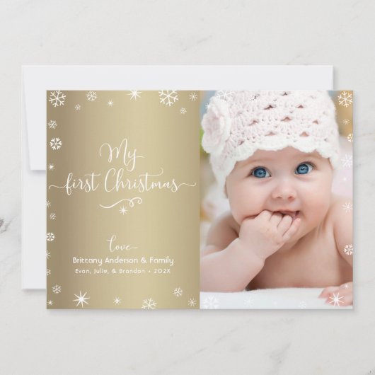 金ゴールドマイ初めてのクリスマスベビーフォトスノーフレークスシック シーズンカード (正面)