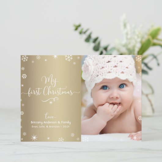 金ゴールドマイ初めてのクリスマスベビーフォトスノーフレークスシック シーズンカード (スタンド正面)