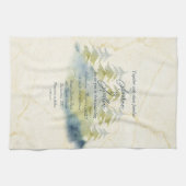 金ゴールドマウンテンバックドランドグリーンブルーツリーズ招待状 キッチンタオル (横)