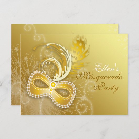 金ゴールドマスカレードパーティの招待状 インビテーションポストカード (正面/裏面)