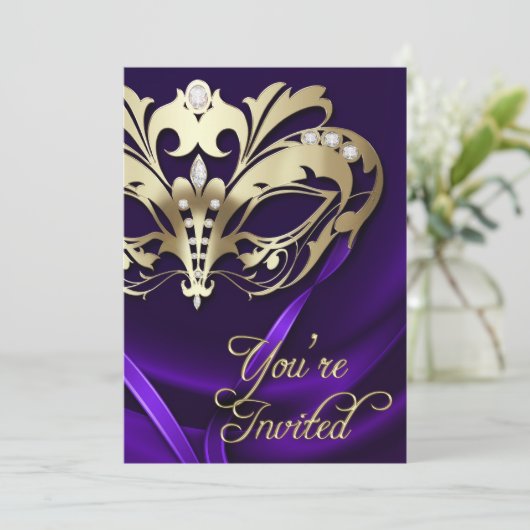 金ゴールドマスカレードパープル宝石パーティの招待状 招待状 (スタンド正面)