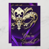 金ゴールドマスカレードパープル宝石パーティの招待状 招待状 (正面/裏面)