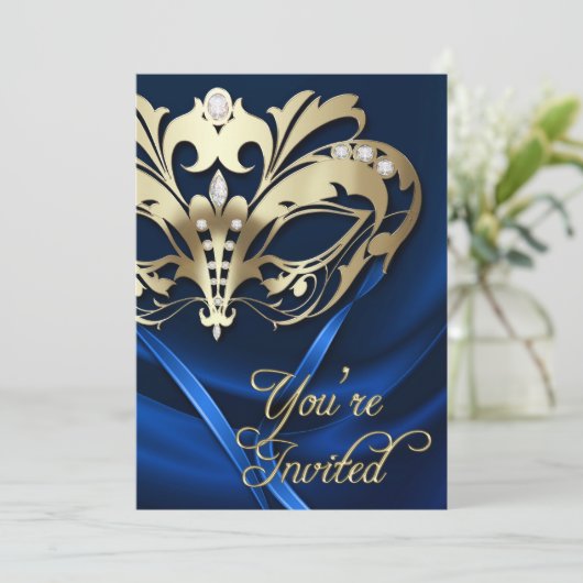 金ゴールドマスカレードブルー宝石パーティの招待状 招待状 (スタンド正面)