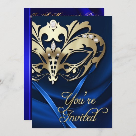 金ゴールドマスカレードブルー宝石パーティの招待状 招待状 (正面/裏面)