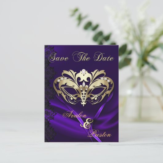 金ゴールドマスカレード紫の宝石の日付を保存 案内ポストカード (スタンド正面)
