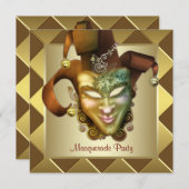 金ゴールドマスクエレガントレッドマスカレードパーティー 招待状 (正面/裏面)