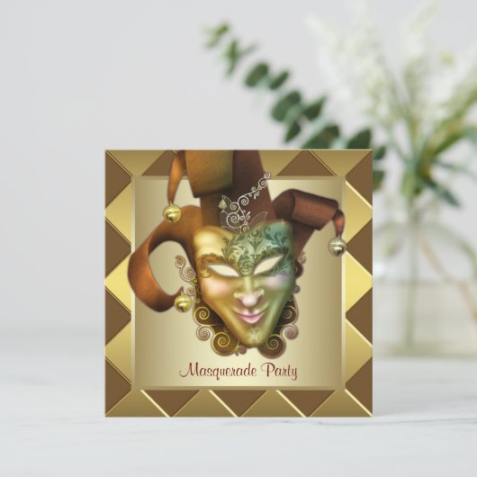 金ゴールドマスクエレガントレッドマスカレードパーティー 招待状 (スタンド正面)