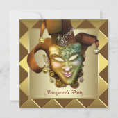 金ゴールドマスクエレガントレッドマスカレードパーティー 招待状 (正面)