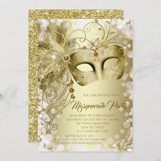 金ゴールドマスクマスカレードパーティー 招待状 (正面/裏面)