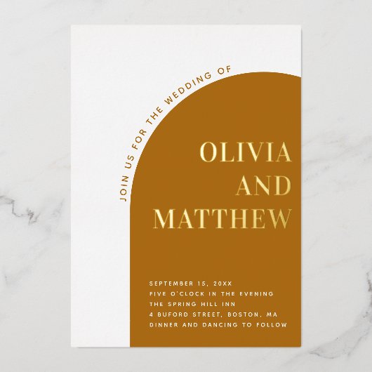 金ゴールドマスタードモダンタイポグラフィアーチ秋の結婚式 箔招待状 (正面)