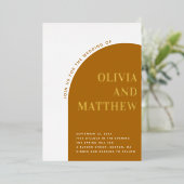 金ゴールドマスタードモダンタイポグラフィアーチ秋の結婚式 箔招待状 (立ち正面)