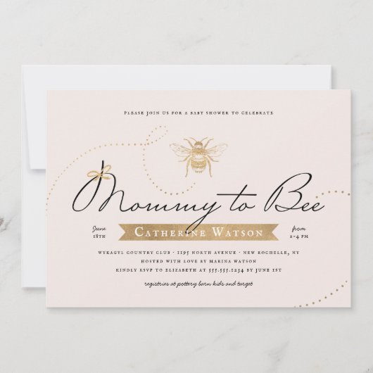 金ゴールドママへビー赤ちゃんシャワーピンク赤面 招待状 (正面)