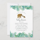 金ゴールドママ&ベビーゾウのジャングル葉ベビーシャワー 招待状 (正面)