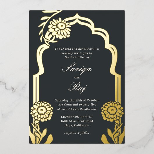金ゴールドマリゴールドインディアン結婚式招待状 箔招待状 (正面)
