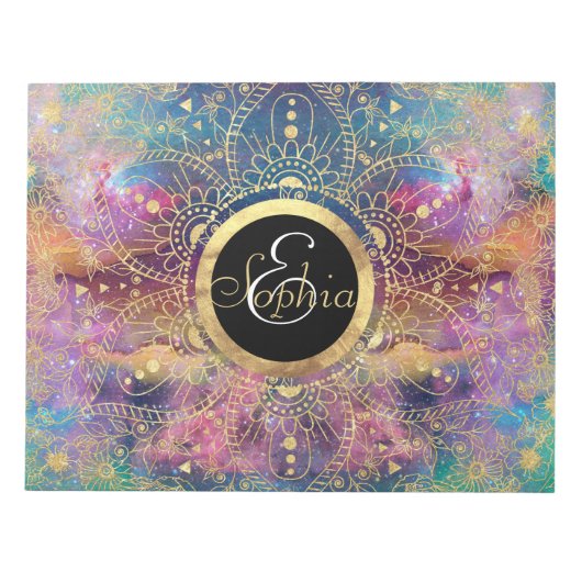 金ゴールドマンダラウォーターカラフルカラー星雲 ノートパッド (正面)