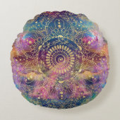 金ゴールドマンダラウォーターカラフルカラー星雲 ラウンドクッション (正面)