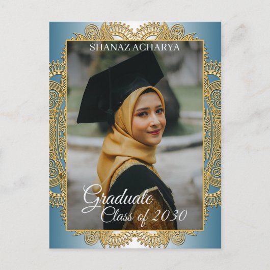 金ゴールドマンダラオンティール(緑がかった色)ブルー卒業発表 ポストカード (正面)