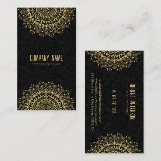 金ゴールドマンダラオンブラックダマスク背景 名刺 (正面/裏面)