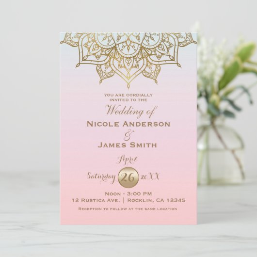 金ゴールドマンダラピンクピーチモダンエレガントな結婚式 招待状 (スタンド正面)