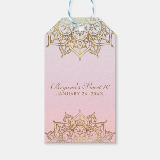 金ゴールドマンダラピンクピーチモダン結婚式の引き出物 ギフトタグ (正面)