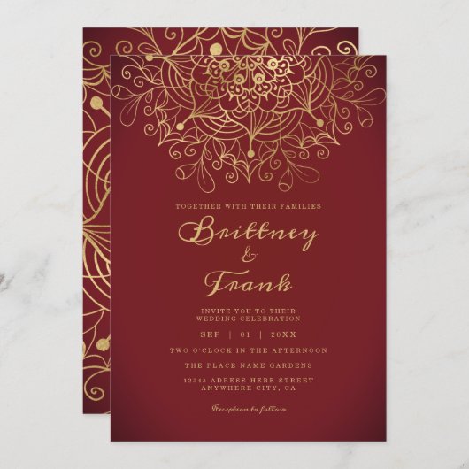 金ゴールドマンダラフローラブルググラデーションンディ結婚ズ 招待状 (正面/裏面)