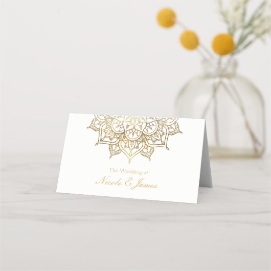 金ゴールドマンダラホワイトシ結婚ックのテーモダンブルシート プレイスカード (正面)