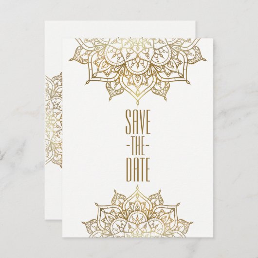 金ゴールドマンダラ&エレガントホワイトシック日付を保存 案内ポストカード (正面/裏面)