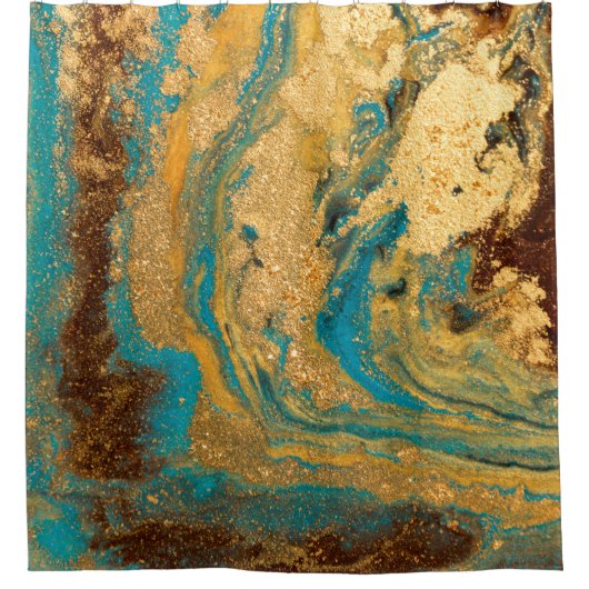 金ゴールドマーブリングテクスチャデザイン青と金色の大理石 シャワーカーテン (正面)