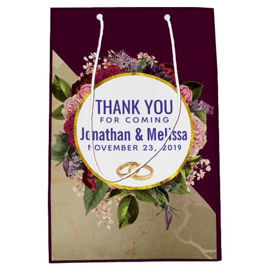 金ゴールドマーブルアンドブルゴーニュ花模様結婚式の引き出物 ミディアムペーパーバッグ (正面)