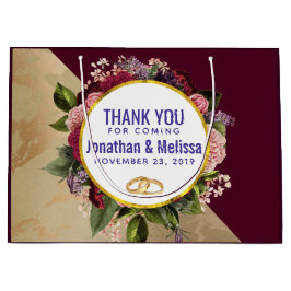 金ゴールドマーブルアンドブルゴーニュ花模様結婚式の引き出物 ラージペーパーバッグ