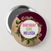 金ゴールドマーブルアンドブルゴーニュ花模様誕生日ガール 缶バッジ (正面&裏面)