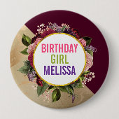 金ゴールドマーブルアンドブルゴーニュ花模様誕生日ガール 缶バッジ (正面)
