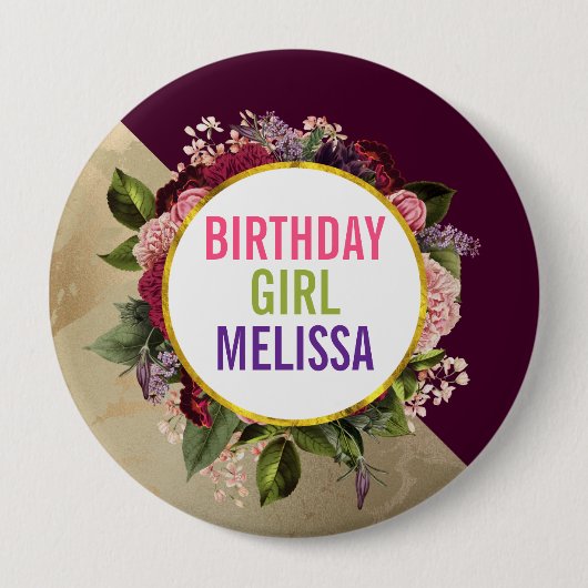 金ゴールドマーブルアンドブルゴーニュ花模様誕生日ガール 缶バッジ (正面)