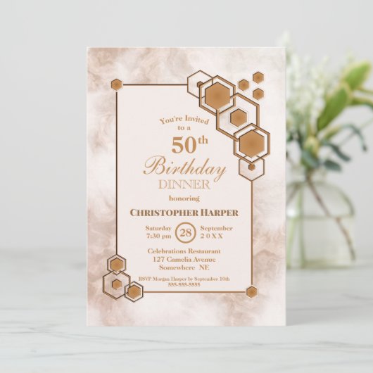金ゴールドマーブルジオメトリック50th誕生日ディナーパーティー 招待状 (スタンド正面)