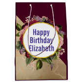 金ゴールドマーブルパターンとブルゴーニュ花模様誕生日 ミディアムペーパーバッグ (正面)