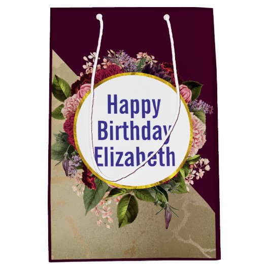 金ゴールドマーブルパターンとブルゴーニュ花模様誕生日 ミディアムペーパーバッグ (正面)