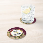 金ゴールドマーブルパターンとブルゴーニュ花模様誕生日 ラウンドペーパーコースター (インサイチュ)