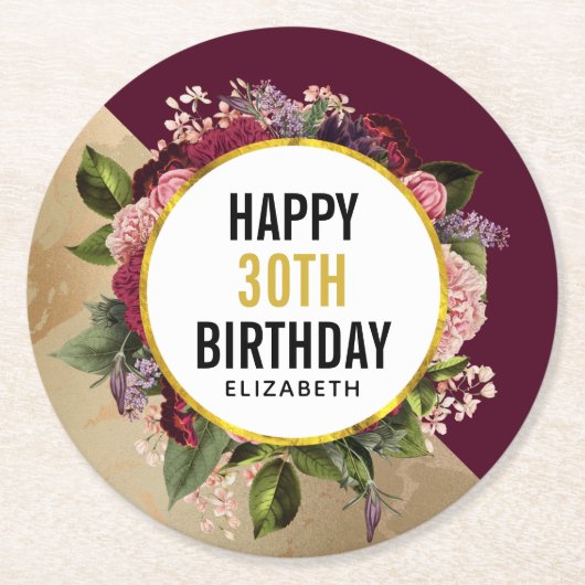 金ゴールドマーブルパターンとブルゴーニュ花模様誕生日 ラウンドペーパーコースター (正面)