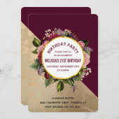 金ゴールドマーブルパターン及びブルゴーニュフローラ誕生日 招待状 (正面/裏面)