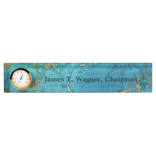 金ゴールドマーブルブルーフェイクストーン デスクネームプレート (正面)