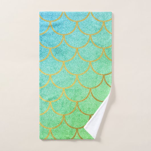 金ゴールドマーメはかりで測ドティール（緑がかった色）ターコイズグリッター バスタオルセット (ハンドタオル)